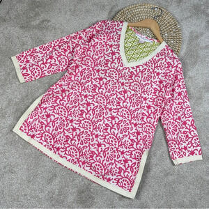 Gretchen Scott Designs Vines Floral Lightweight Tunic Top V-Neck Preppy Pink M